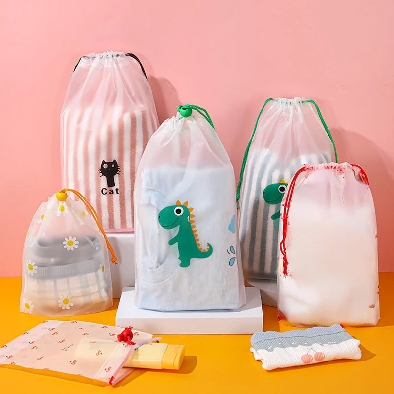 3pcs Transparent Drawstring Storage Bag Clothes Underwear Shoes Organizer Pouch Travel Toiletries Cosmetic Cartoon Storage Bag