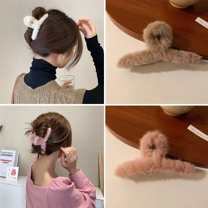 Solid  Color Large Cross Soft Faux Fur Hair Claws Cute Fun Cartoon Plush Bear Hair Clip Shark Clips Fall Winter Head Accessories