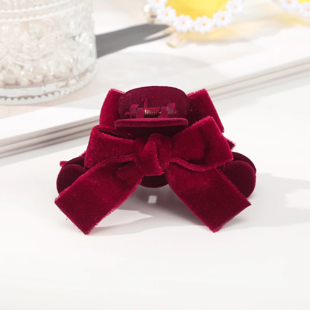 Bow Flocked Hair Claw Girls Burgundy Party Hairpin Ponytail Temperament Hair Clip For Women Festival Hair Accessories Gifts