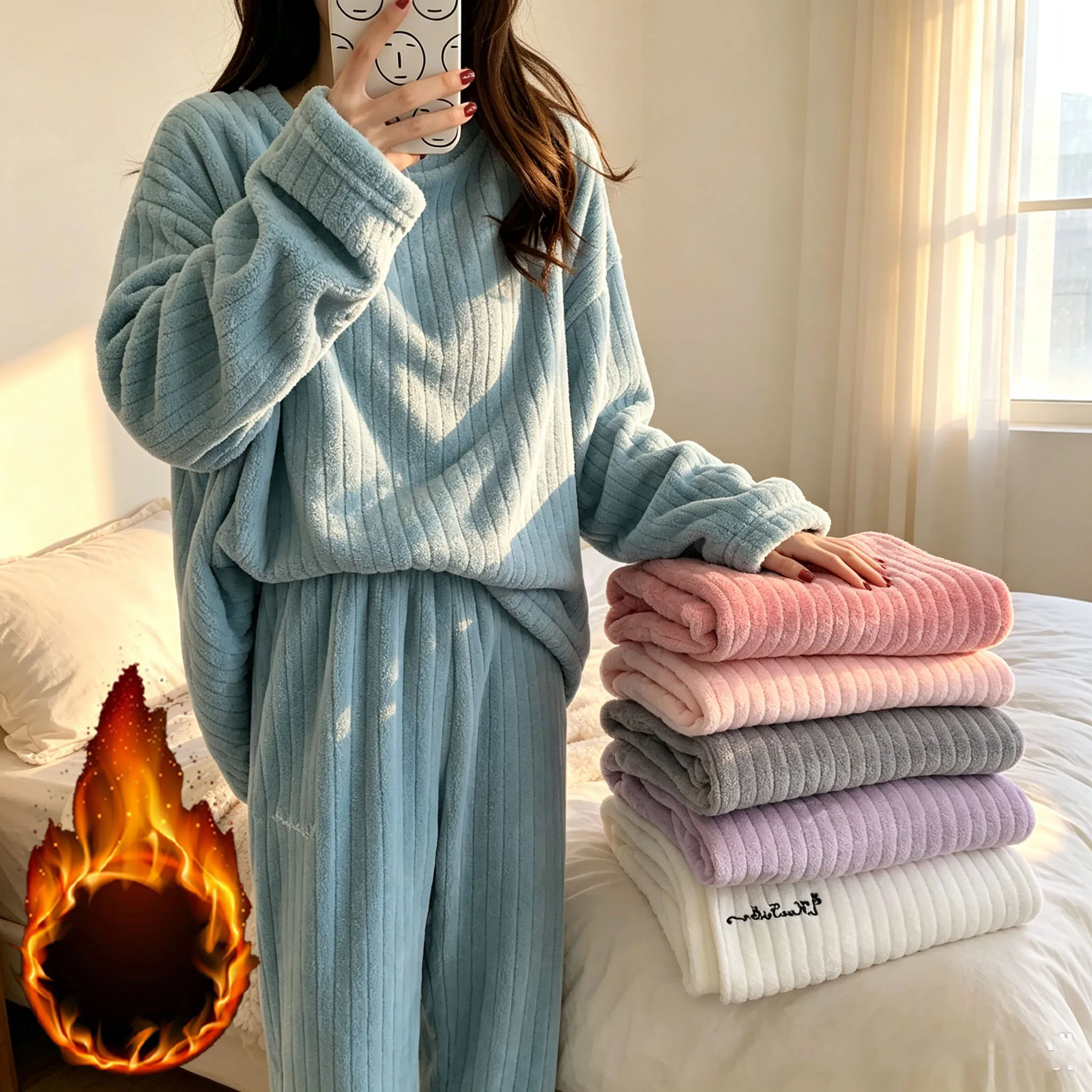 Women Plush Pajama Set Long Sleeve Loungewear with Top and Pants Soft Fleece Cozy Warm Sleepwear for Winter Home
