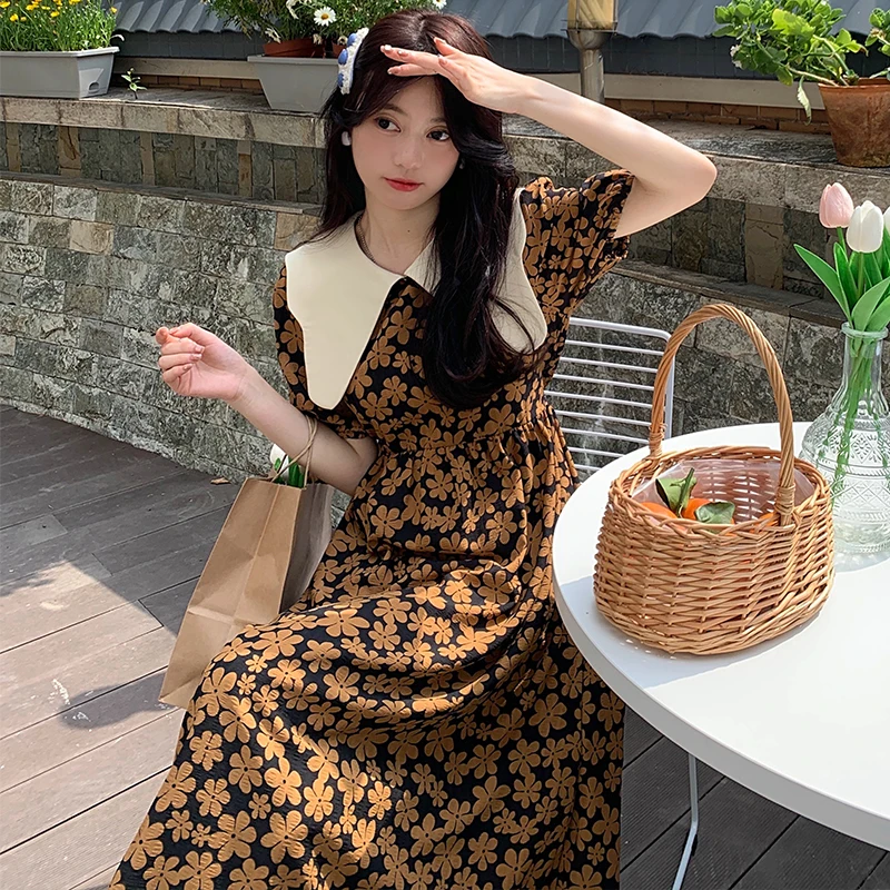 

summer vintage flowers printing bodycon Dress korean elegant short Sleeve peter pan collar Ladies dresses Women party vestidos