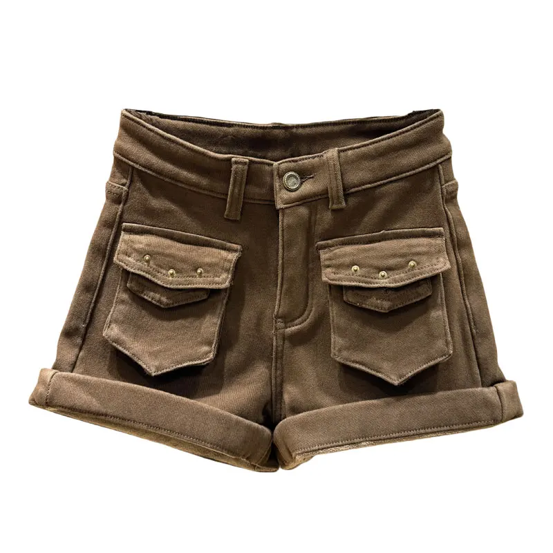 กางเกงยีนส์ขาสั้นทรงบูทขาบานเอวสูงทรงสลิมสำหรับผู้หญิง ผ้าฟลีซบุซับใน ขอบรีดสไตล์อเมริกัน คอลเลคชั่นใหม่ ฤดูใบไม้ร่วง-ฤดูหนาว ปี 2025