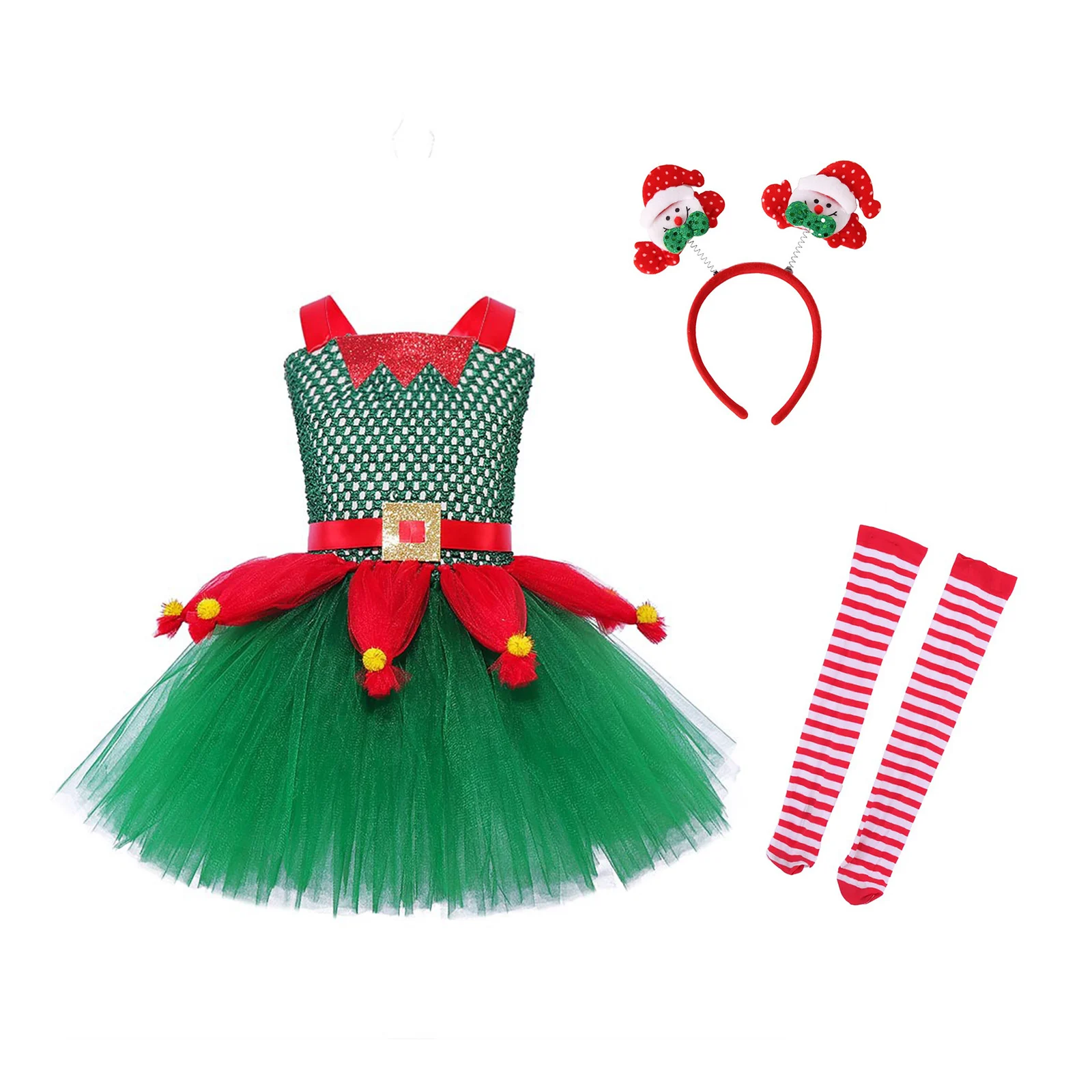 

Kids Girls Elf Fairy Christmas Costume New Year Party Cosplay Performance Sleeveless Tutu Dress with Stockings Santa Hair Hoop