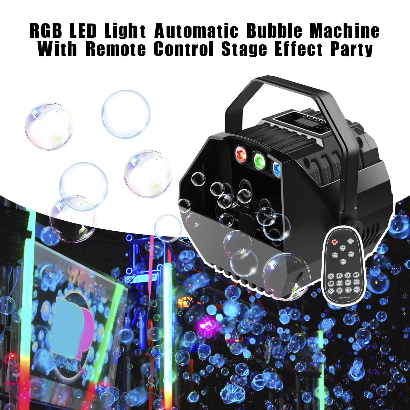 Areyourshop RGB LED Light Automatic Bubble Machine With Remote Control Stage Effect Party