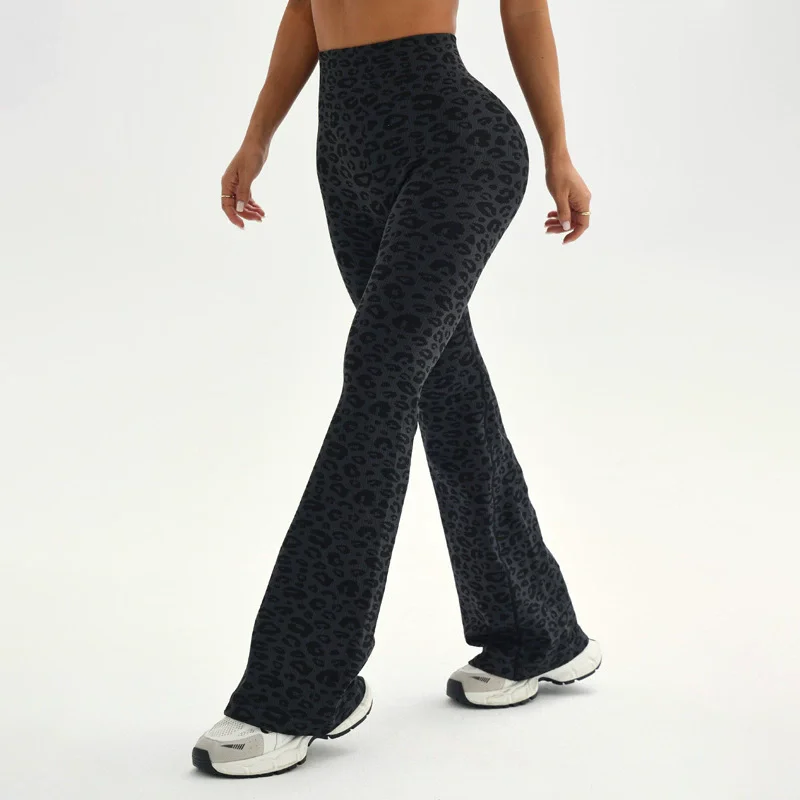 Fashion Retro Leopard Print Yoga Flared Pants High-Waisted Women Hip-Lifting Printed Sports Flared Pants Peach-Buttock Fitness