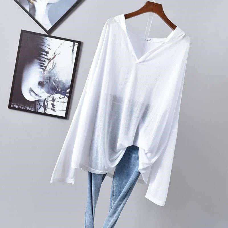 

Ice Silk T-shirts for Women V-neck Sunscreen Solid Oversized Casual Korean Style Mid-length Smock Long Sleeve Large Size Clothes