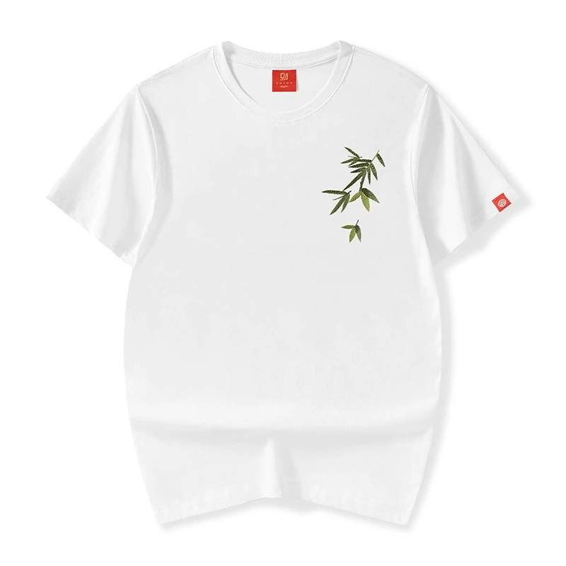 Lyprerazy Tide Brand Bamboo Leaf Embroidery Short-sleeved T-shirt Summer Loose Men Tees