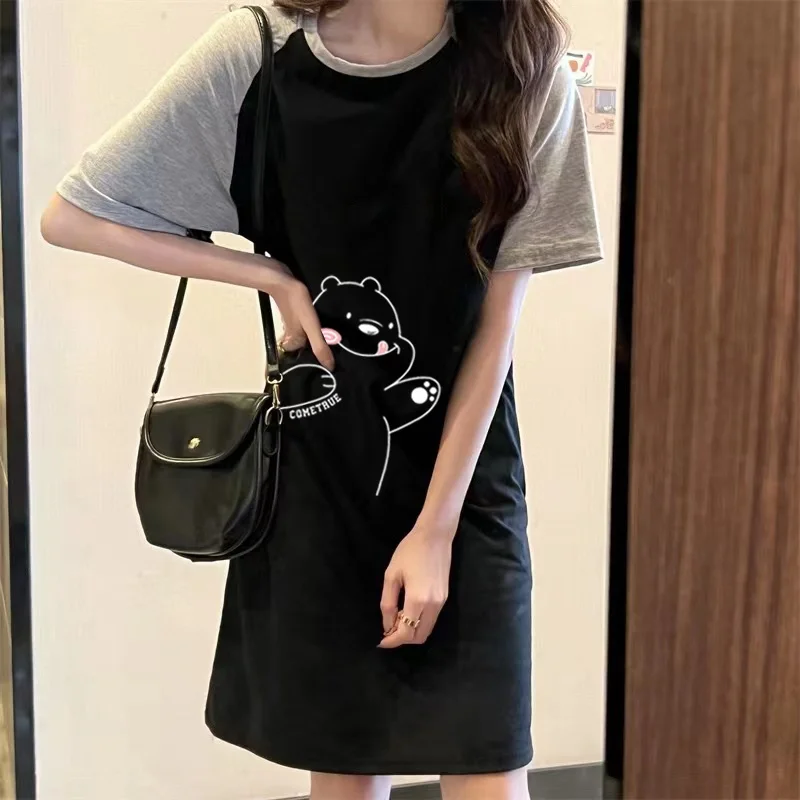 Summer Loose Japanese-style Cartoon Line Bear Cute Print Women's and Pregnant Women's Fashionable and Casual Round-neck Dress