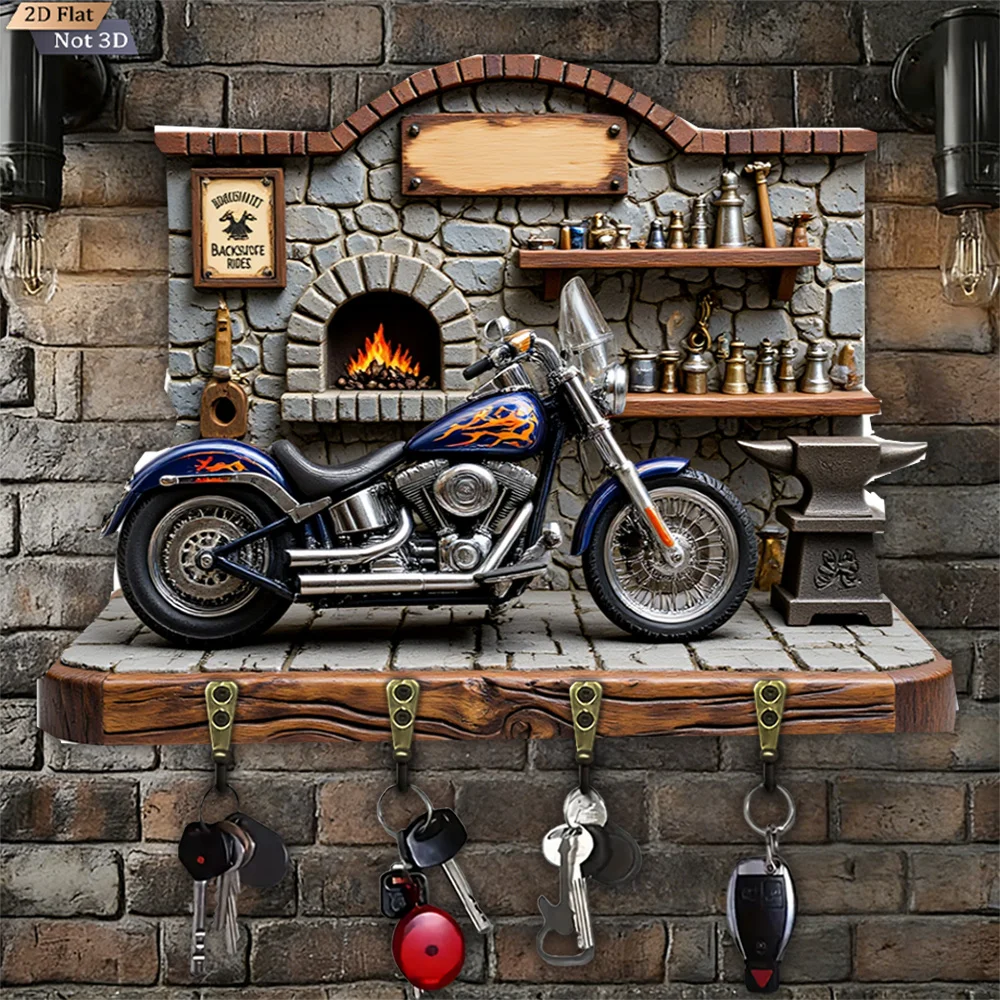 2D Flat, 1pc, Motorcycle Shaped Key Hook, Wooden Multifunctional Home House Key Hook, with Four Metal Hooks, Wall Decoration,