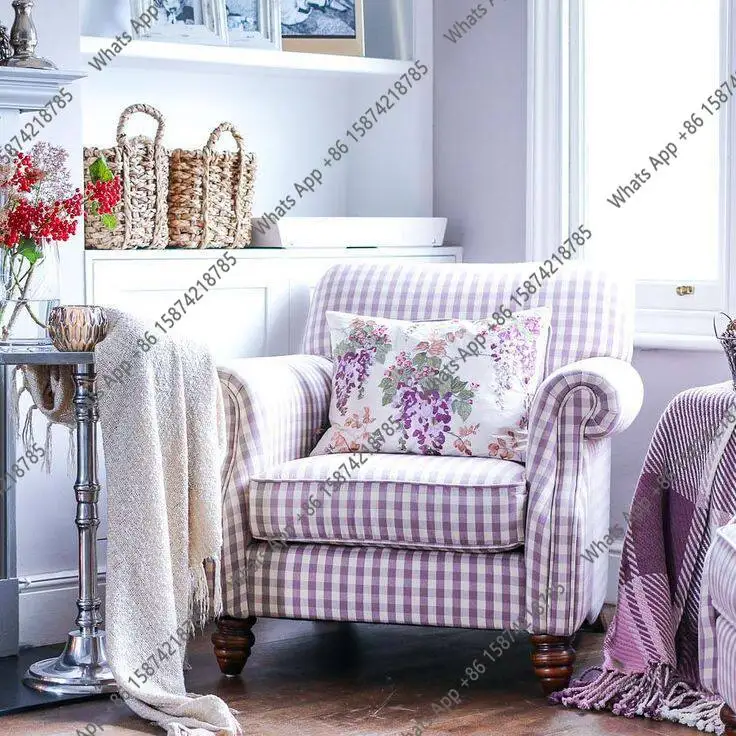 Nordic retro purple plaid small sofa French idyllic photography bedroom living room designer simple single