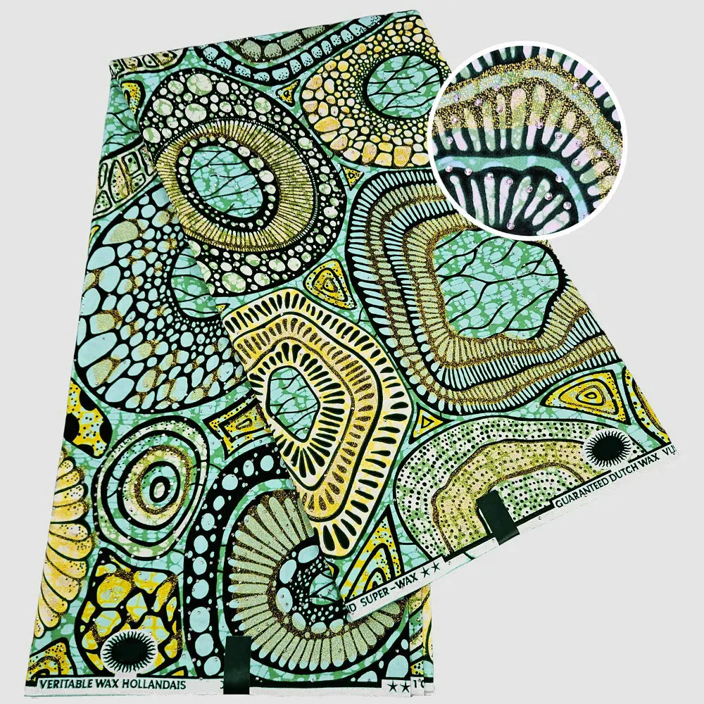 

Роскошные золотые восковые блестки с камнями, ткань с восковым принтом Grand Super Holland, для свадьбы, вечеринки и фестиваля, 6 ярдов за штуку