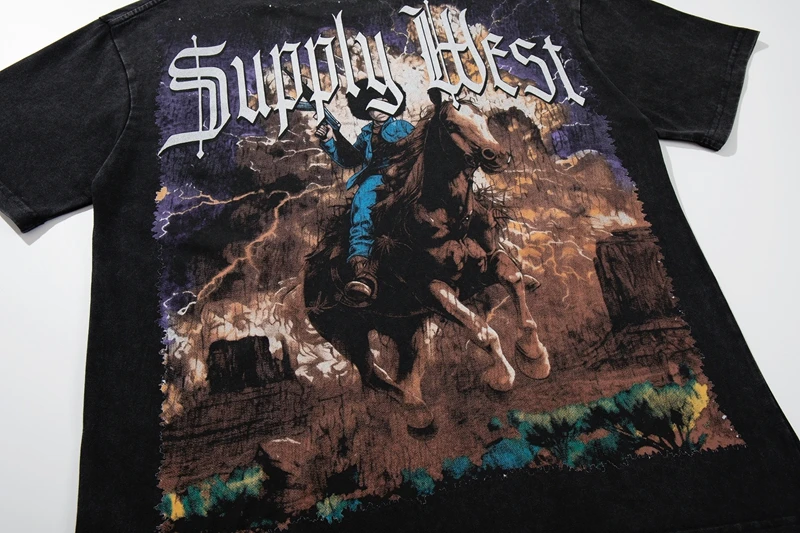 Schwarzes Western Cowboy Pferde-Grafik T-Shirt für Herren Vintage Distressed Acid Wash Strass T-Shirts Lässige Sommer-Oberteile – Detail 14