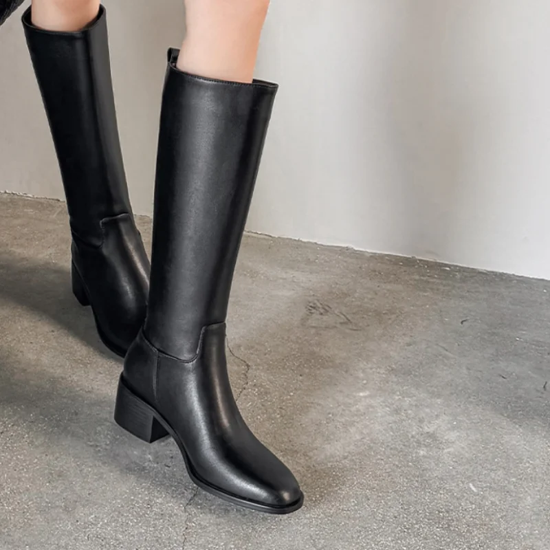 Sewing Lines Shoes for Womens Round Toes Chunky High Heels Solid Female Mid Calf Boots Pleated Zapatos Mujer Real Leather Femme
