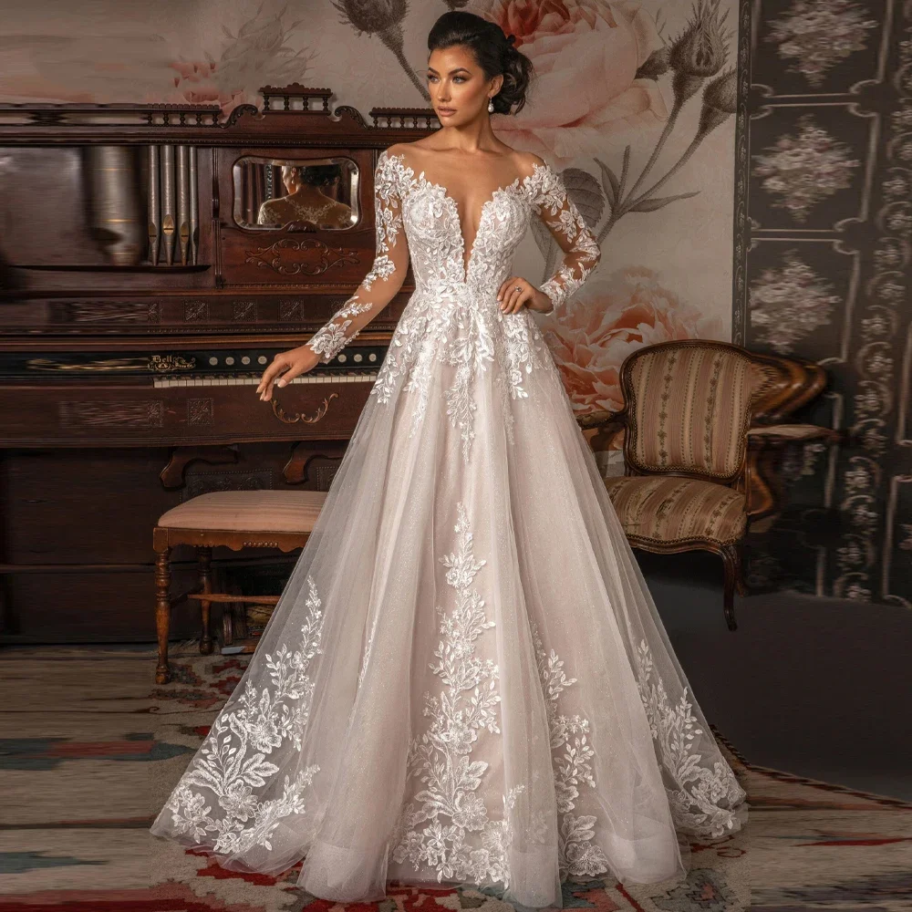 Elegant Lace Decal A-line Long Sleeved Wedding Dress Sexy V-neck Chiffon Ivory Bridal Gown Luxurious Plus Size Customization