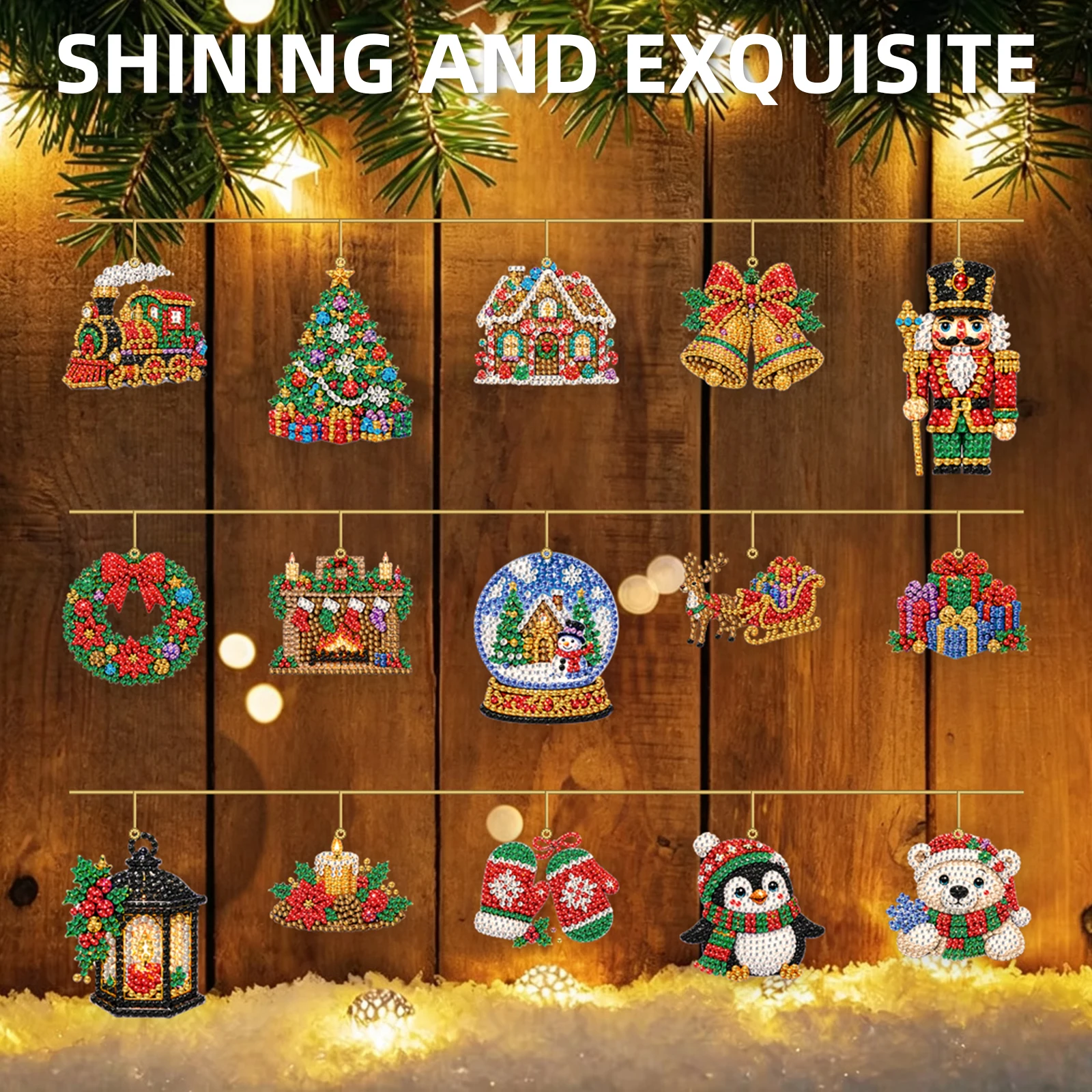 Diamond Painting Craft Kit for Christmas 15pcs Acrylic Double-sided Rhinestone Xmas Tree Hanging Ornaments
