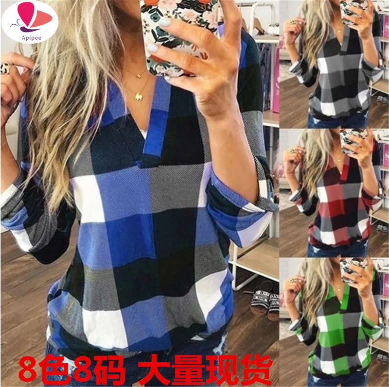 

Womens Tops Spring Autumn Women's Plaid Shirts Sexy V Neck female Lady Business Tops