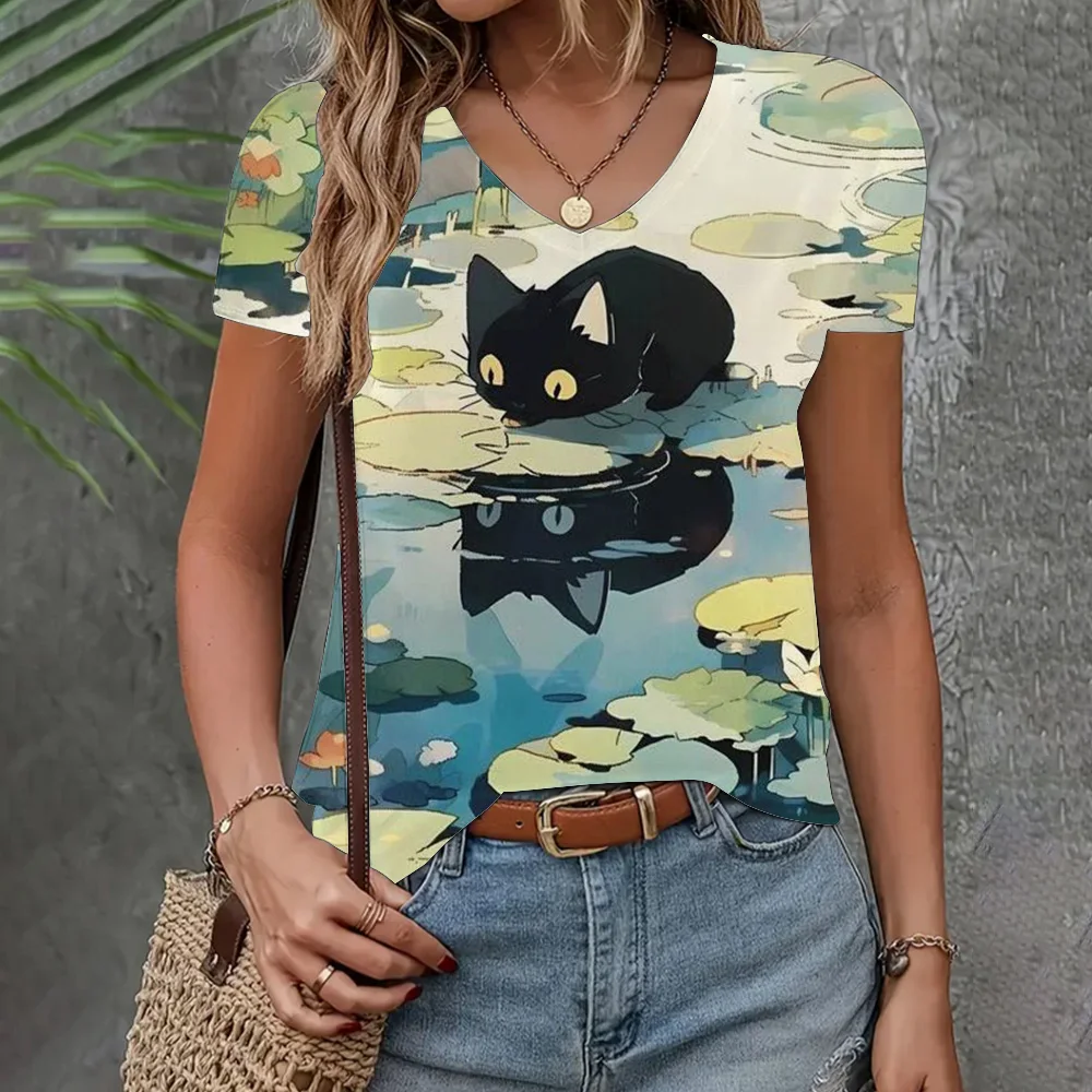 Women's T-shirt Summer V-neck Short Sleeve Cat Graphic Anime Top Casual Loose Clothing Fashion Elegant T-shirt Women's Clothing