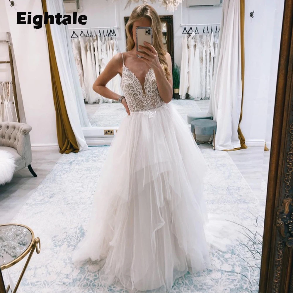 

Eightale Boho Wedding Dresses Lace Sweetheart Princess Appliques A-Line Spaghetti Strap Custom Made Bridal Gown Vestido De Novia