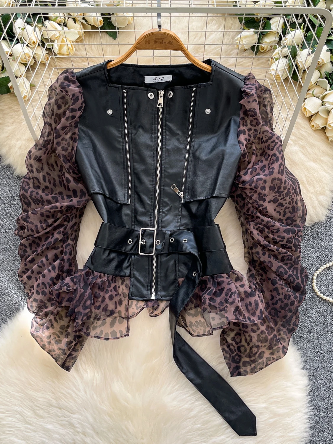 

Faionable PU Leather Jaet Women's Long Sve Zipper Me Insert Waist Cinch Tie Design Commute Sle Loose Fit Coat