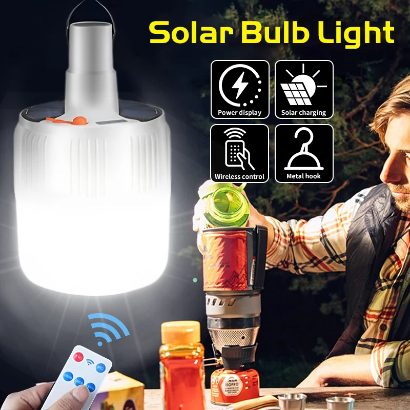 

LED Bulb Light Solar/DC Rechargeable Light with Remote Control Portable Outdoor Camping Tent Lantern Emergency Bright Flashlight