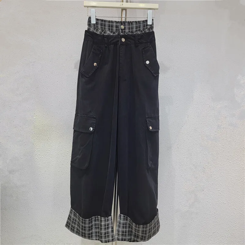 WTHT 2025 秋冬トレンド レディース パッチワーク コントラストカラー チェック柄 カジュアル カーゴパンツ ダブルウエスト ストレートパンツ 女性用 1LS2712