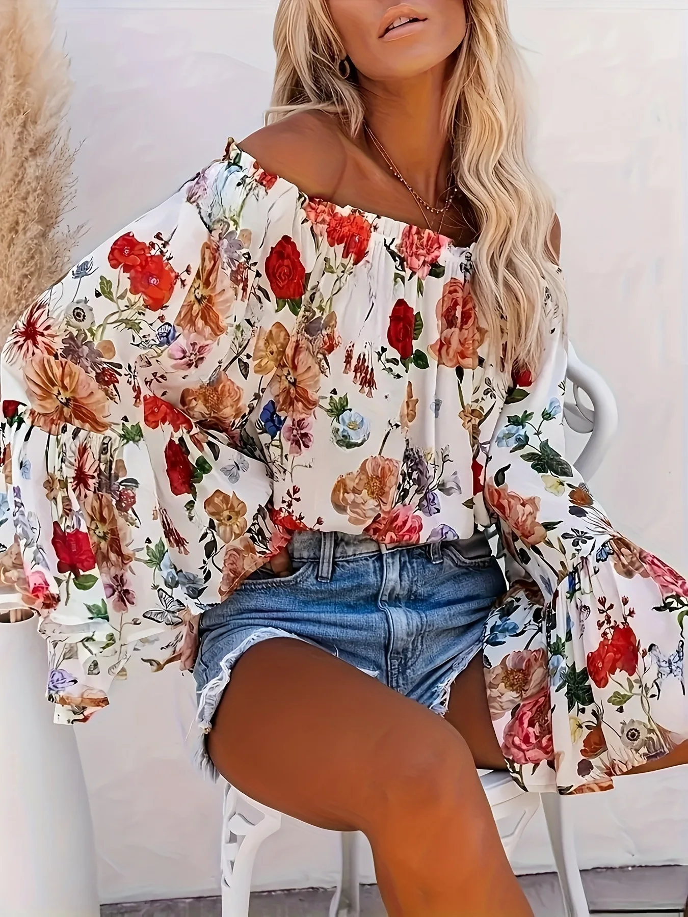 Camiseta estampada de verano, Top holgado a la moda para todos los días, estilo elegante para ir al trabajo, tirantes de manga larga, ropa de mujer de un solo hombro