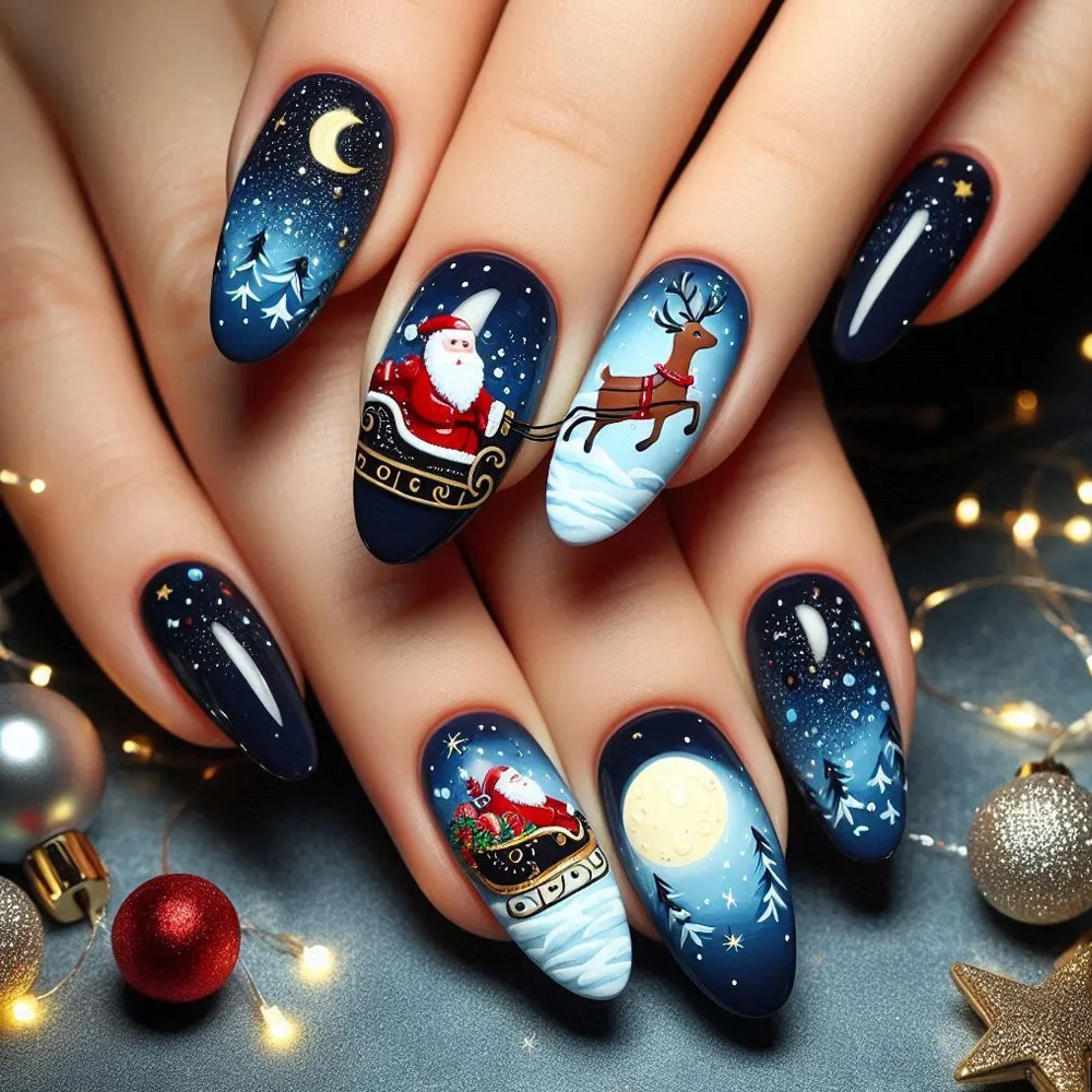 24 Uds uñas postizas de nieve de invierno cielo estrellado Santa Claus estampado de alces prensa en uñas puntas de uñas postizas de almendra de Navidad usables