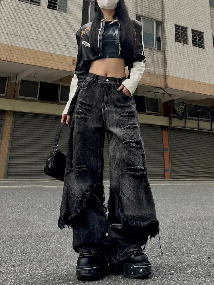 

ADAgirl Washed Do Old Ripped Jeans Women Streetwear Hip Hop Retro Oversize Spliced Straight Denim Pants Y2k Causal Mujer Bottoms