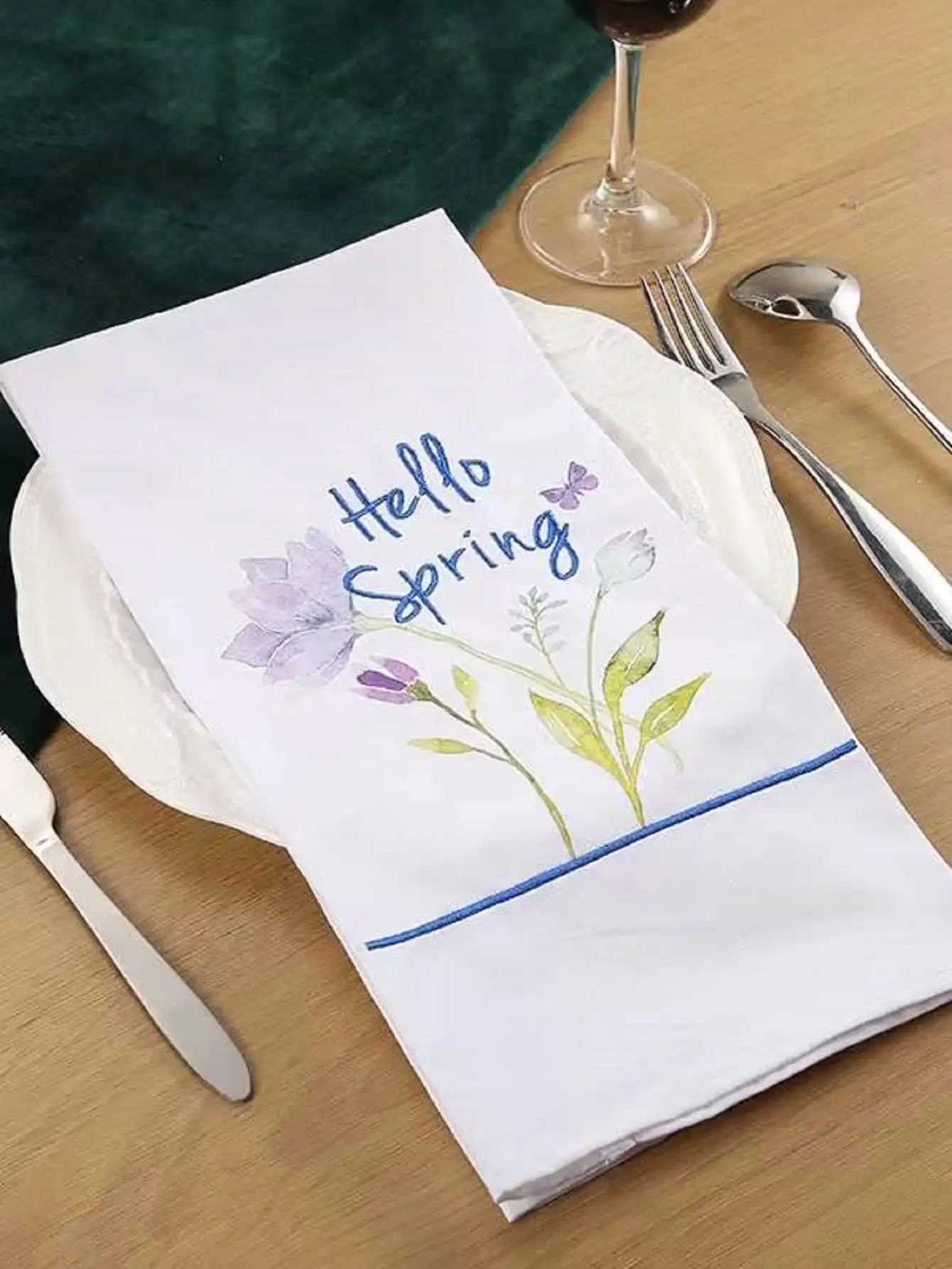 1 Piece, Printed and Embroidered Spring Napkin Hand Cloth, Western Restaurant Plate Decoration Restaurant Absorbent Mouth Cloth