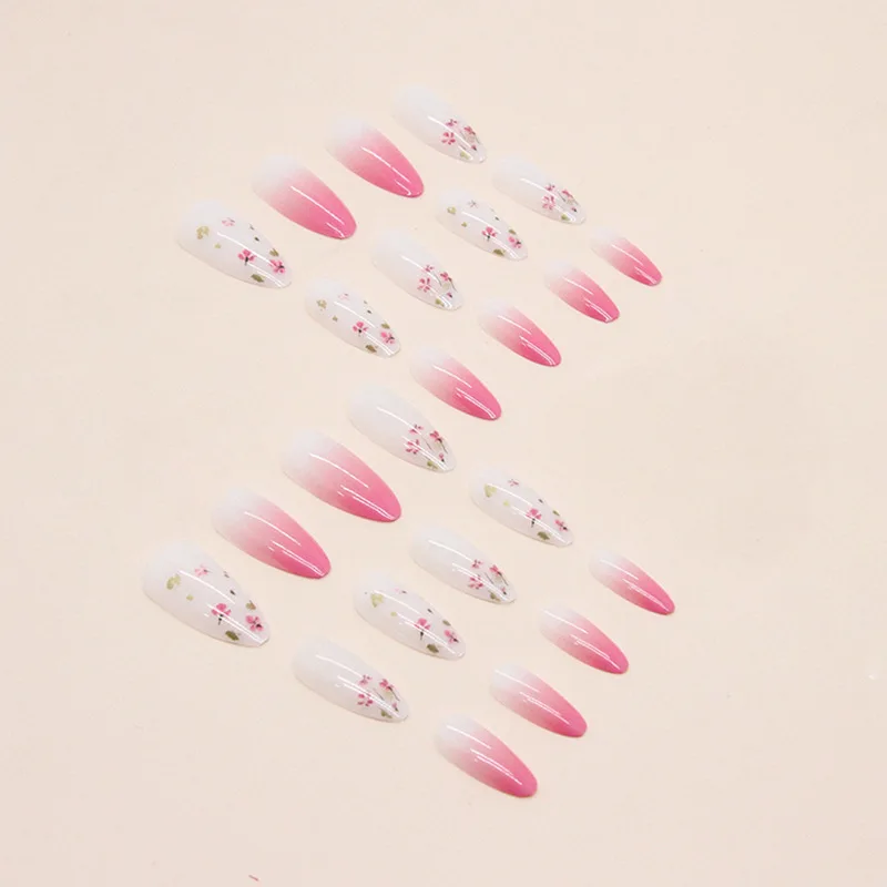 24 stuks bloem amandel nagel roze tender gradiënt bloemen nagel kunst, lente romantische nep nagel product, middellange dragende nagel