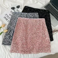 Fashion Sequin Decorate Women Mini Skirt Y2K High Waist Korean Office Lady Casual A Line Skirt Elegant Hepburn Style Party Skirt