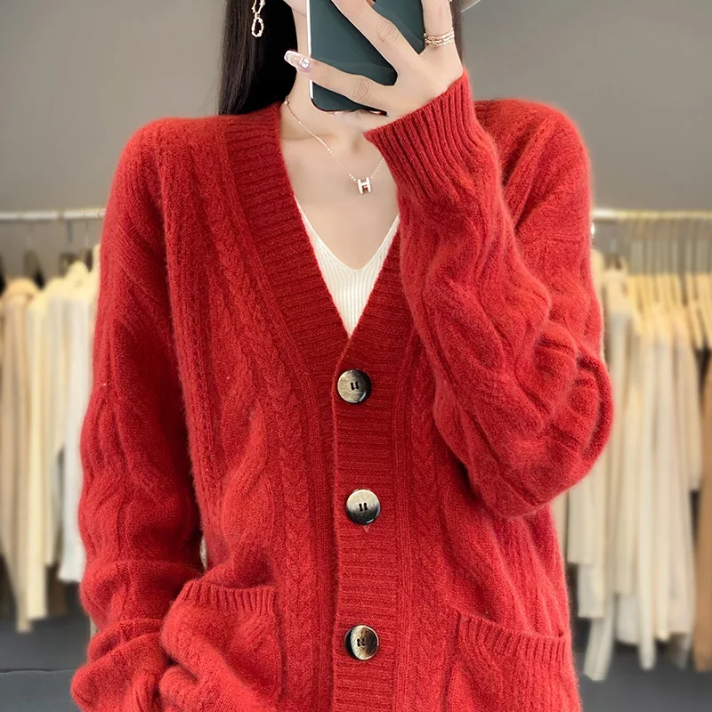 

Autumn/Winter new women's sweater 100% Merino wool V-neck long cardigan Fashion twist flower warm base knit shirt