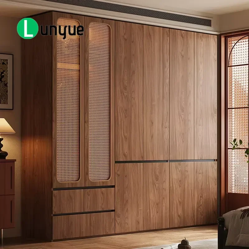 Retro Mid Century Wall Mounted Wardrobe with Rattan Double Doors Hidden Handles Compact Storage Cabinet for Small Bedroom