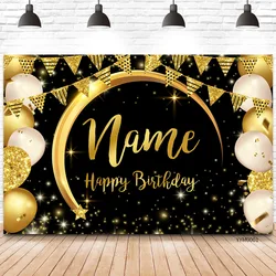 Customize Happy Birthday Backdrop Banner Black And Gold Poster For Men Women Birthday Anniversary Party Photo Booth Backgrounds