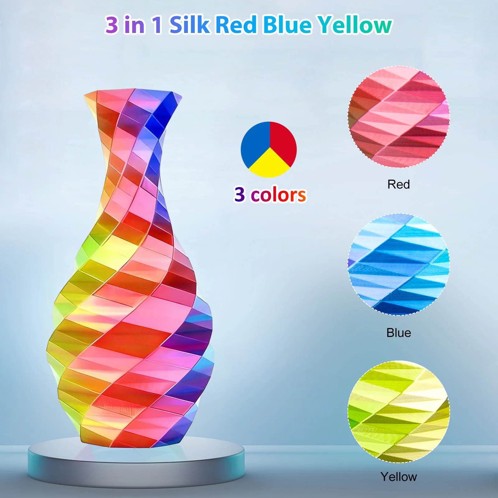Tricolor Silk PLA 3D-Drucker-Filament, 1,75 mm mehrfarbiges 3D-Druckfilament, rotes, blaues und gelbes Filament, 250 g (0,55 lbs) – Detail 1
