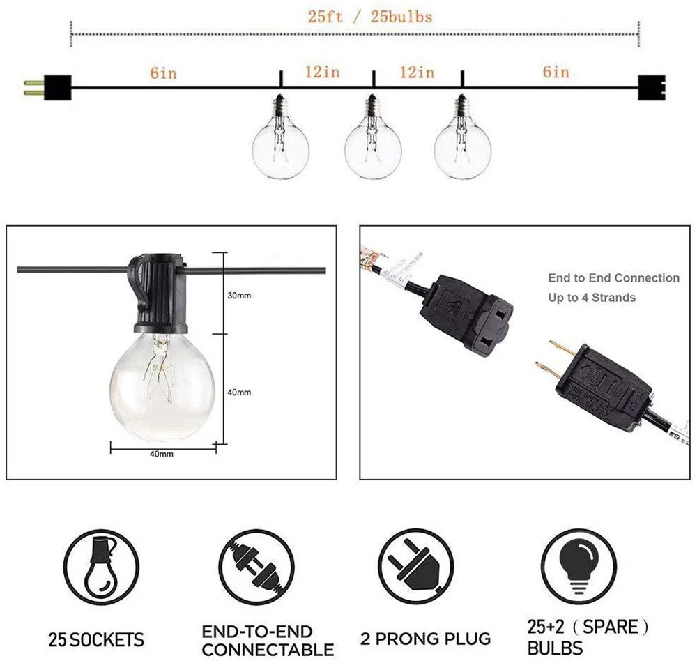 Neue 25ft Outdoor G40 Globus Glühbirne Lichterketten Girlanden wasserdichte Weihnachts fee Garten leuchten für Terrasse Hochzeits feier Dekor