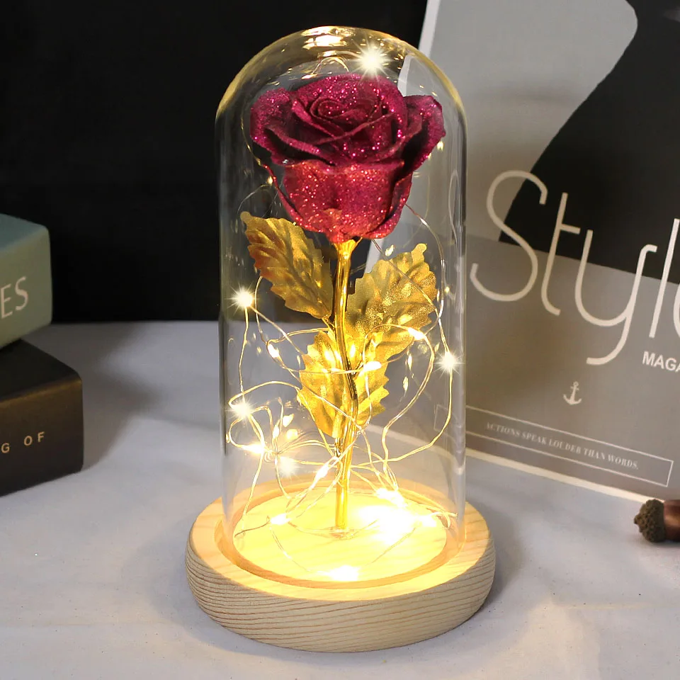 New Christmas Gift Red Shiny artificial flower Rose Beauty and the Beast Rose In A Glass Dome String Light Valentine's Gift