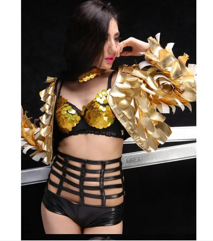 

Nightclub Bar DJ Dance Singer Stage High Waist Leather Shorts Sexy Sequin Bra Women