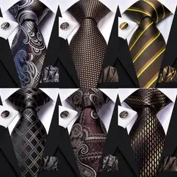 Hi-Tie Brown Paisley Tie For Men Elegant Mens Necktie Pocket Square Cufflink Groom Wedding Accessory Wholesale New Designer
