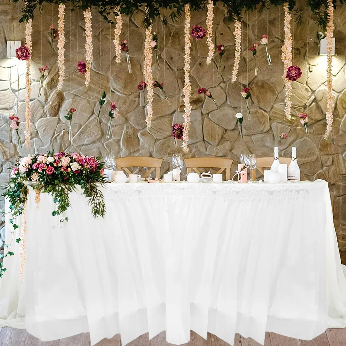 1 Satz schlichter Einweg-Tischrock, rechteckige PE-Tischdecke und Rockdekoration für Hochzeit, Geburtstag, Partyzubehör – Detail 12