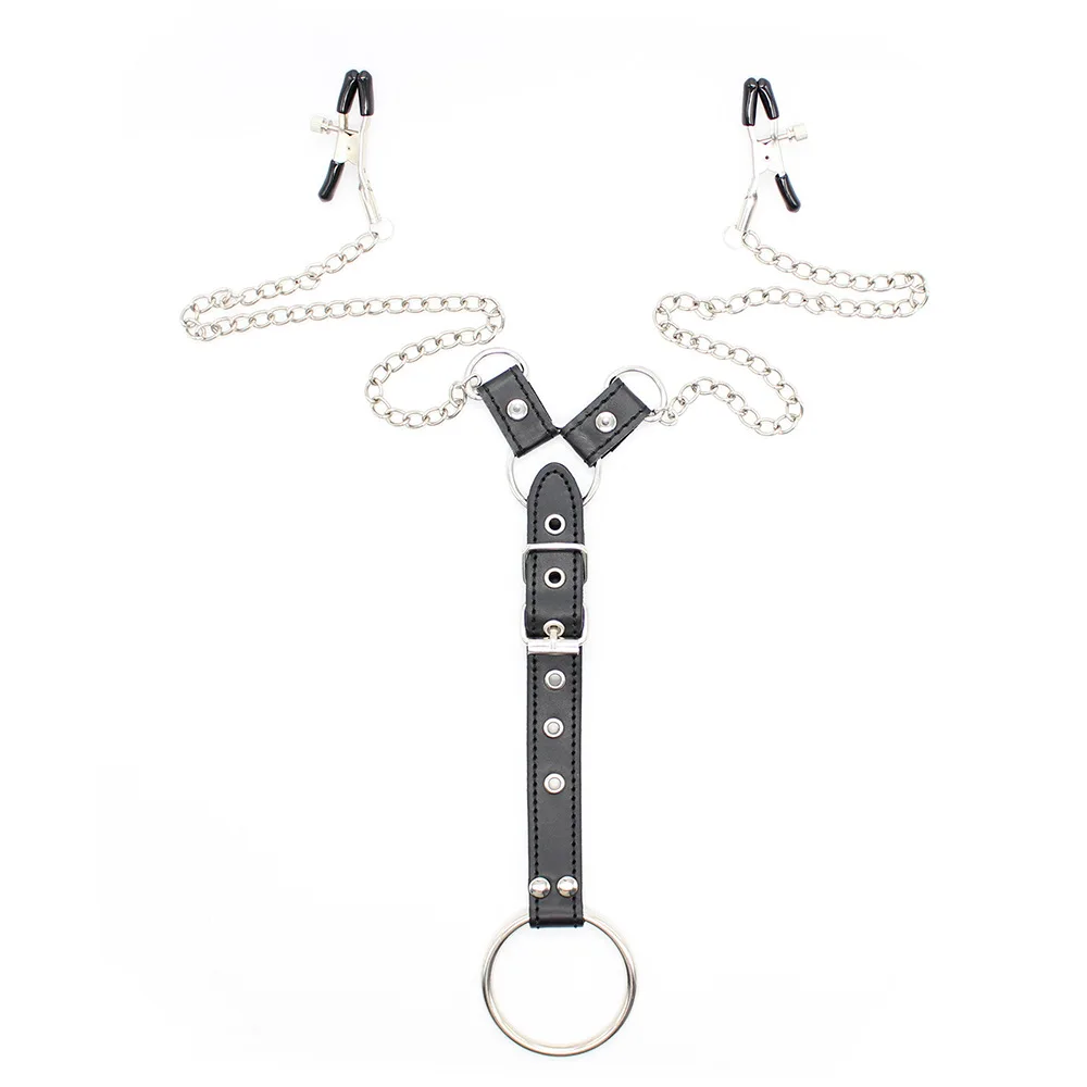 Sexy PU Leather Male Delayed Ejaculation Penis Cock Ring With Nipple Clamp Breast Clip Chain SM Bondage Couple SM Sex Toys