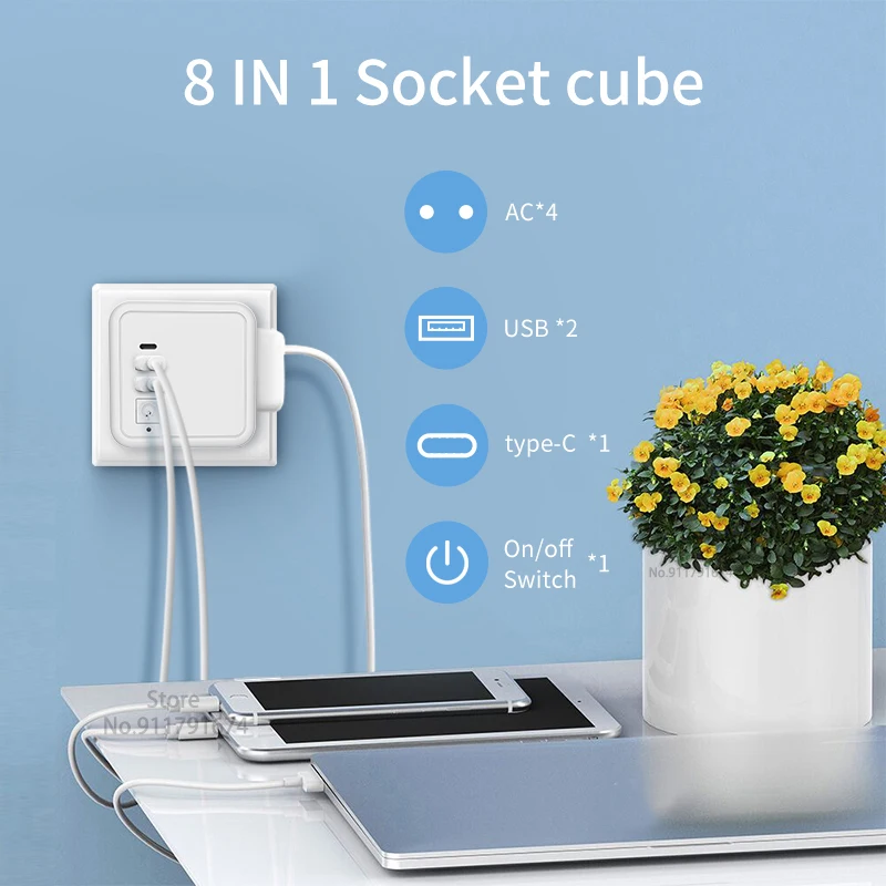 EU Kr Plug Multiprise Power listwa z 4 gniazdami AC + 2 portami USB + 1 typ C 5V 3.1A Adapter kostki z włącznikiem/wyłącznikiem