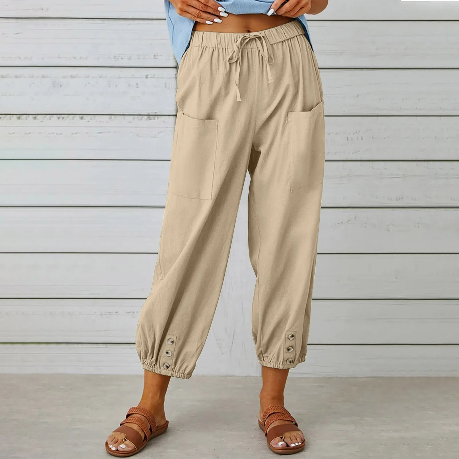 Pantaloni casual larghi da donna Pantaloni a vita alta in cotone e lino con bottoni Tasca con coulisse Pantaloni a nove punte Pantaloni da donna a gamba larga