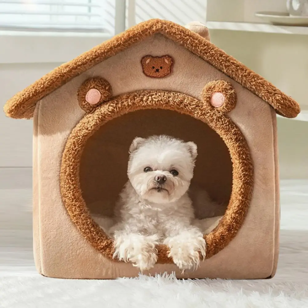 Pet Bed with Removable Cushion Pillow Cartoon Bear Enclosed Cat Dog House Kitten Puppy Warm Plush Sleeping Nest Pet Supplies