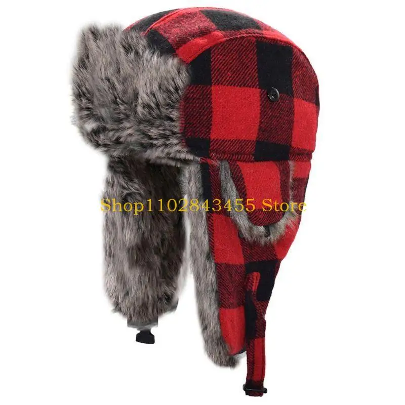 49MC Men Women Winter Warm Trapper Hat Lattice Plaid Print Thermal Plush Lined Bomber Ushanka Earflap Cap with Chin Strap