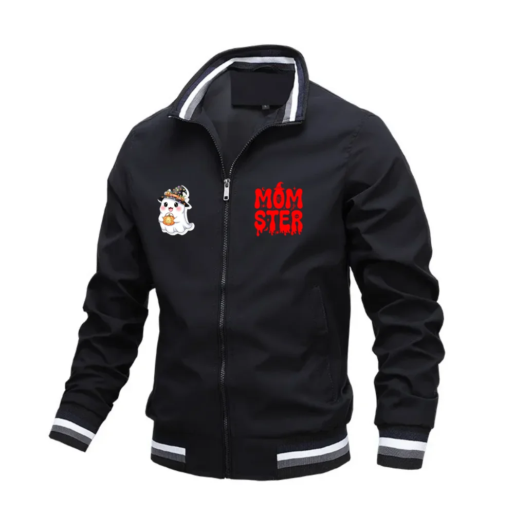 Halloween themed drip font monster pattern jacket men's striped ribbed collar casual baseball uniform daily street wear