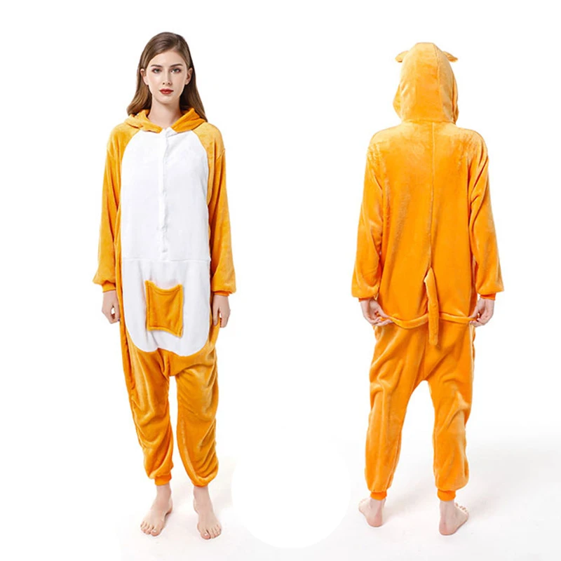 

Orange Kangaroo COS Costume Pajama Set Winter Warm Jumpsuit Funny Women's Flannel Animal Cosplay Hooded One-piece Pajamas Onesie