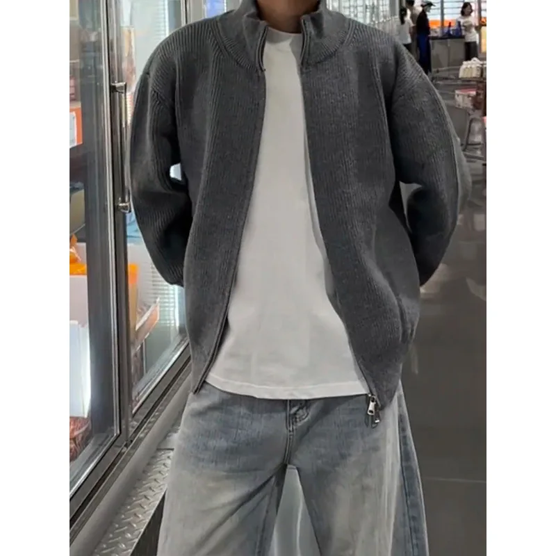 2025 New Men Gray Stand Collar Double Zipper Cardigan Jacket Spring Autumn Loose Casual Versatile Outerwear Top