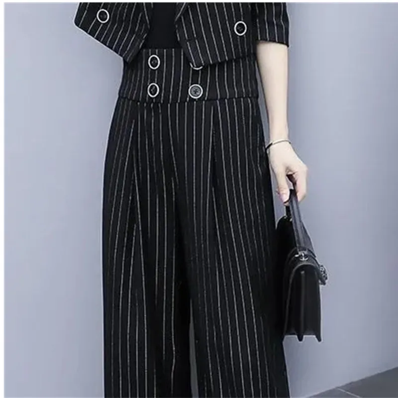 Spring Autumn Two piece set Women\'s New Slim Temperament Korean version Fashion Suit Striped Short Jacket Wide leg pants Female