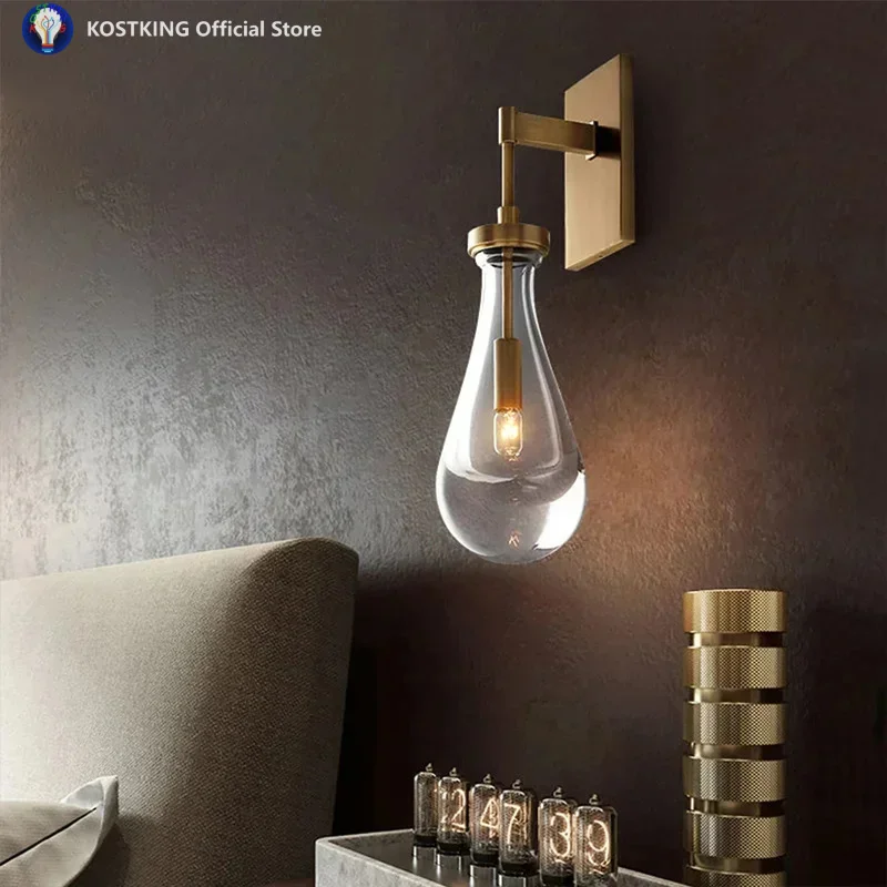 American modern designer modern led glass raindrop wall lamp bathroom bedroom bedside villa hotel night lighting luxury sconce